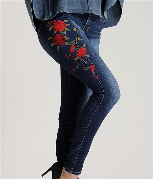 Embroidered Red Rose Jeans 10" rise