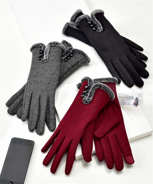Touchscreen Knit Gloves with Button and Faux Fur Detail