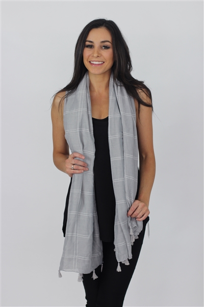 Plaid stitched scarf with tassels grey