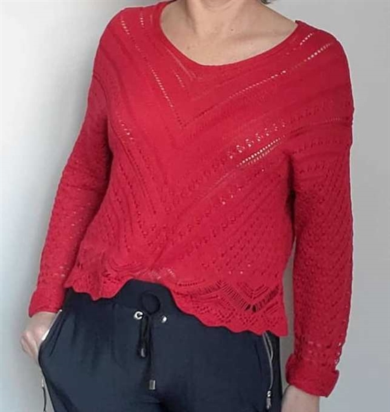 Open Knit Long Sleeve V Neck Sweater Red