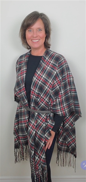 Plaid Fringe Cape Navy Red Charcoal White OS
