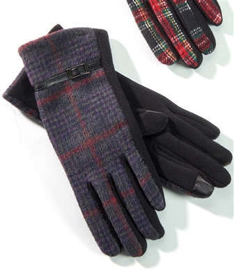 Touchscreen Knit Gloves Plaid Navy Purple Wine