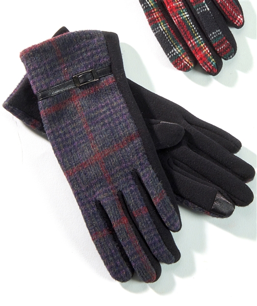 Touchscreen Knit Gloves Plaid Navy Purple Wine