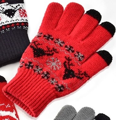 Touchscreen Knit Gloves with Reindeer Pattern Red