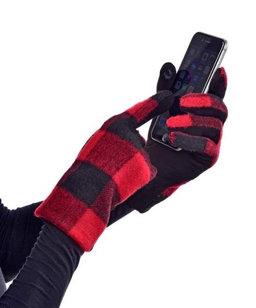 Touchscreen Knit Gloves Plaid Red Black
