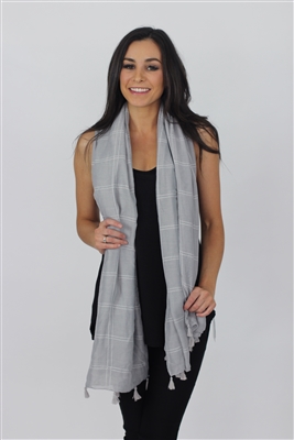 Plaid stitched scarf with tassels grey
