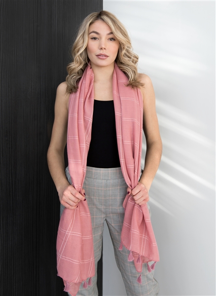 Plaid stitched scarf with tassels pink