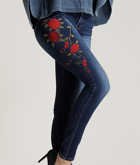Embroidered Red Rose Skinny Jeans