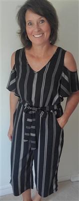 Striped Cold Shoulder Palazzo Jumpsuit Black & Taupe IN STOCK in 7 9