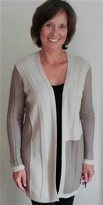 Open Front Patchwork Cable Knit Cardigan Sweater Latte
