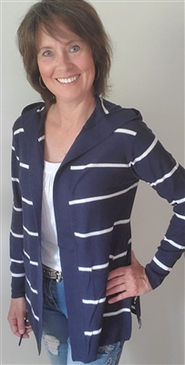 Striped Hooded Open Front Cardigan Navy