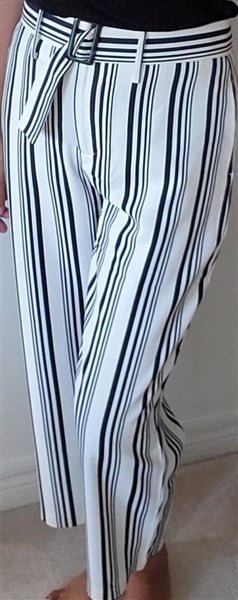 Wide Leg Striped Crop Pants with Belt Black and Ivory White