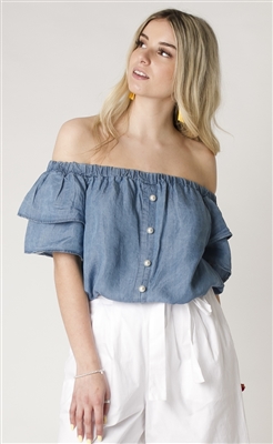 Bardot Blouse with Pearl Faux Button Front & 2 Tier Ruffle Sleeve Blue LG