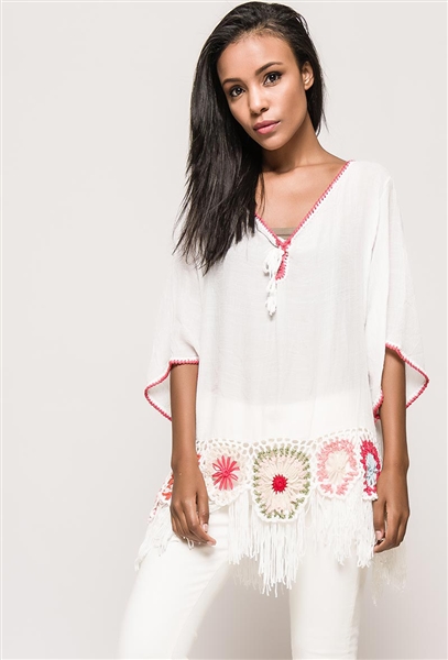 Lace Up Tunic Top Cross Hatch White
