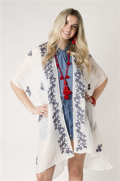Embroidered Floral Open Front Kimono White & Blue
