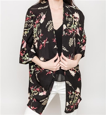 Tropical Floral Open Front Kimono Black LG