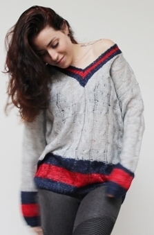 Grey V Neck Sweater with Red and Blue