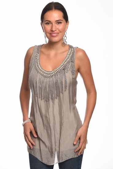 Sleeveless Silk Fringe and and Pearl Top Taupe