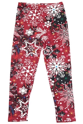 Brushed Soft Kids Leggings Burgundy Snowflake LG