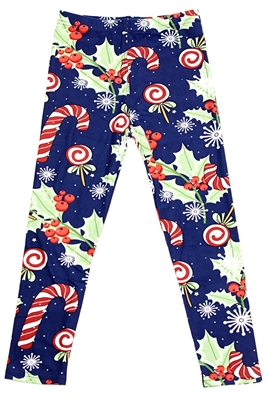 Brushed Soft Kids Leggings Holly Candy Cane M