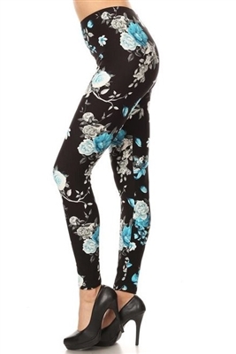 Brushed Soft Blue Floral Rose Leggings L/XL