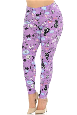 Brushed Soft Black Lavender Kitty Cat Leggings L/XL