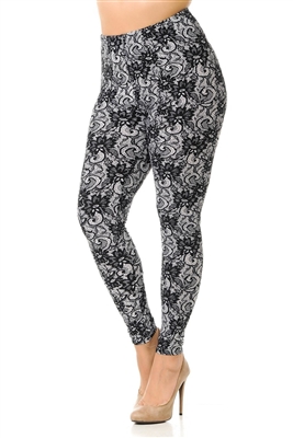 Brushed Soft Charcoal Lace Print Petal Legging 3X-5X