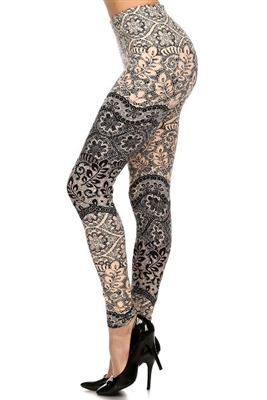 Brushed Soft Exquisite Leaf Black Ivory Leggings - S/M