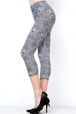 Brushed Soft Houndstooth Floral Soft Capri Leggings L/XL