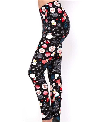 Brushed Soft Snowman Snowflake Black Leggings S/M