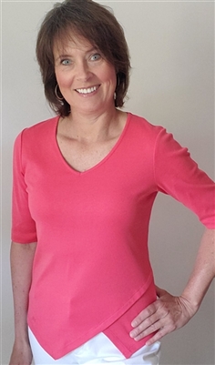 Cotton T-shirt V Neck with Point Bottom Detail Coral
