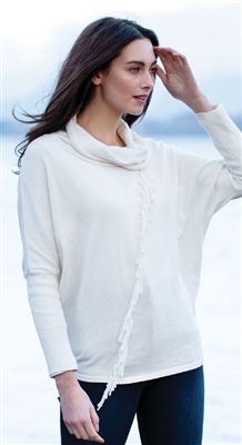 Cotton Ivory Cowl Neck Fringe Sweater M LG