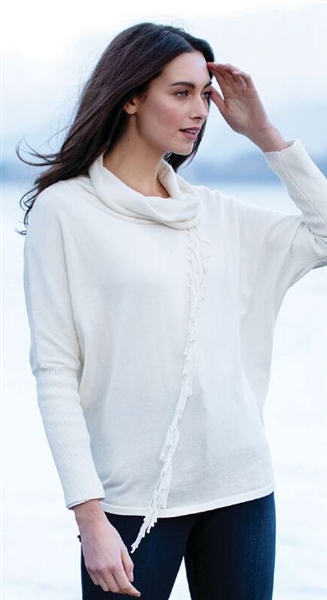 Cotton Ivory Cowl Neck Fringe Sweater IN STOCK in LG