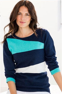 Cotton Abstract Sweater Navy with Aqua and White