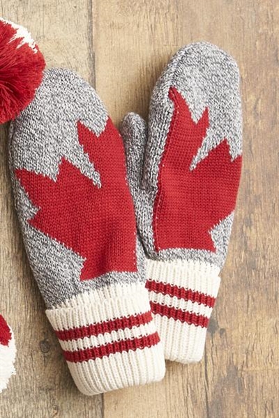 Cotton Canada Maple Leaf Grey Tweed Mittens Red