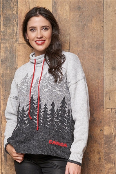 Cotton Canadiana Forest Pullover Sweater Tweed Grey with Red