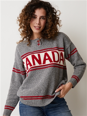 Cotton Canada Henley Sweater Grey Tweed with red Canada