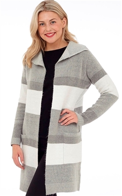 Open Knit Sweater Jacket with Patch Pockets Grey and White