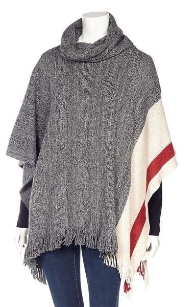 Cottage Collection Cowl Neck Poncho Cape with Contrast Stripe Hem and Fringe Grey OS