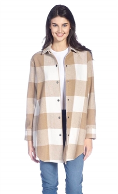 Buffalo Check Long Sleeve Snap Front Camel Shirt Jacket with Side Seam Pockets