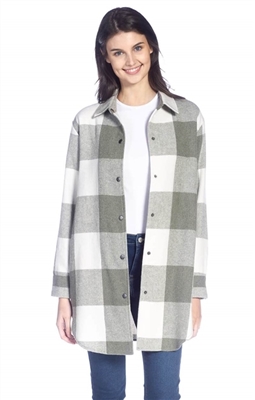 Buffalo Check Long Sleeve Snap Front Sage Green Shirt Jacket with Side Seam Pockets