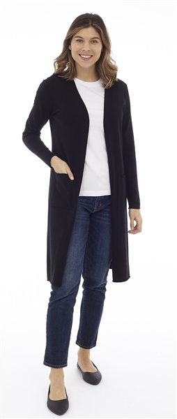 Long Body Black Open Cardigan with Patch Pockets