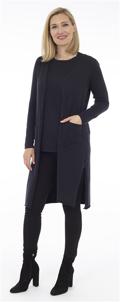 Long Body Navy Melange Open Cardigan with Patch Pockets