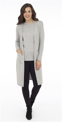 Long Body Silver Melange Open Cardigan with Patch Pockets