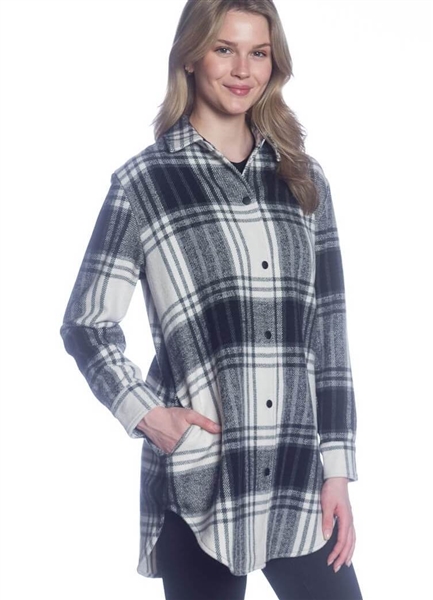 Black and White  Snap Front Plaid Shirt Jacket with Side Seam Pockets