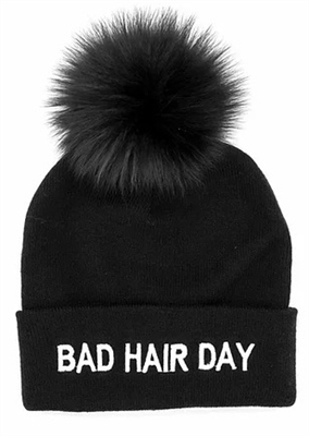 BAD HAIR DAY Knit Hat with Pom Pom Black